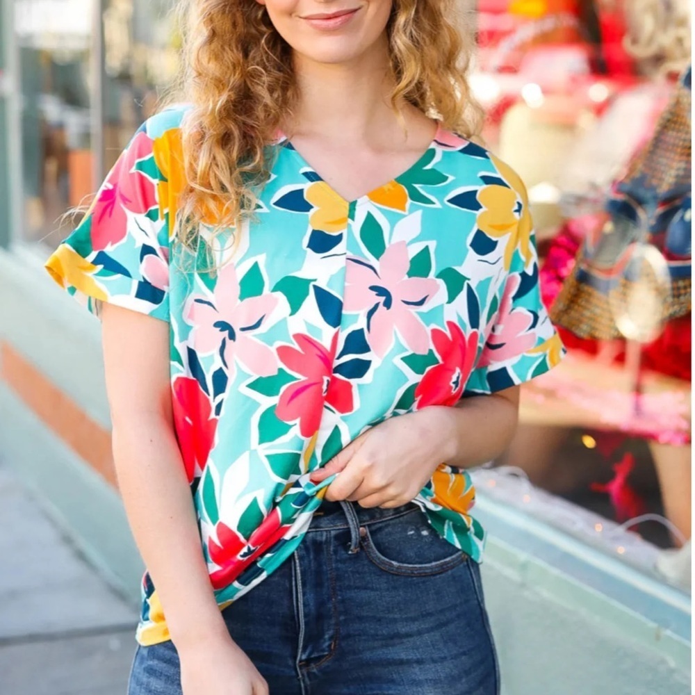 HAPTICS Teal Coral Floral V Neck Top Super Soft Blouse Short Sleeve New 2XL - Picture 5 of 6